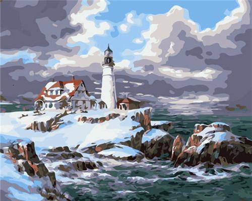 Faro y Casa en la Costa en el Invierno Pintar por Números
