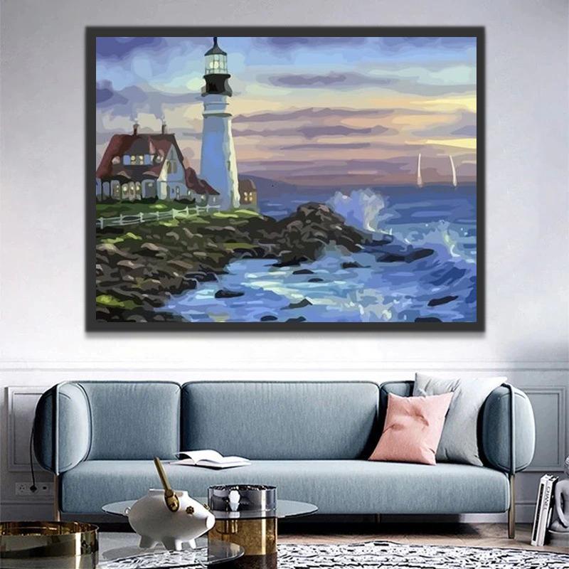 Faro y Casa en la Costa y Olas en el Mar Pintar por Números