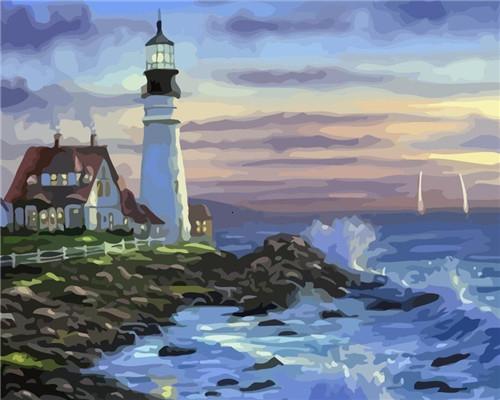 Faro y Casa en la Costa y Olas en el Mar Pintar por Números