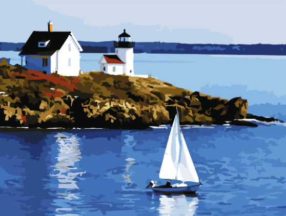 Faro y Casas en Costa y Barco en el Mar Pintar por Números