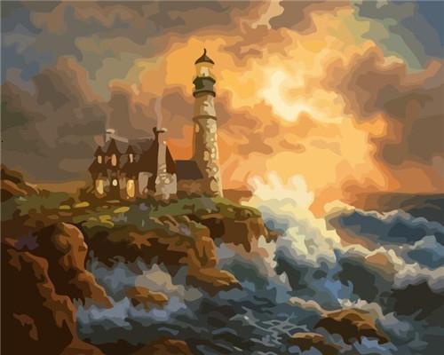 Faro y Mar con Olas Tormentosas Pintar por Números