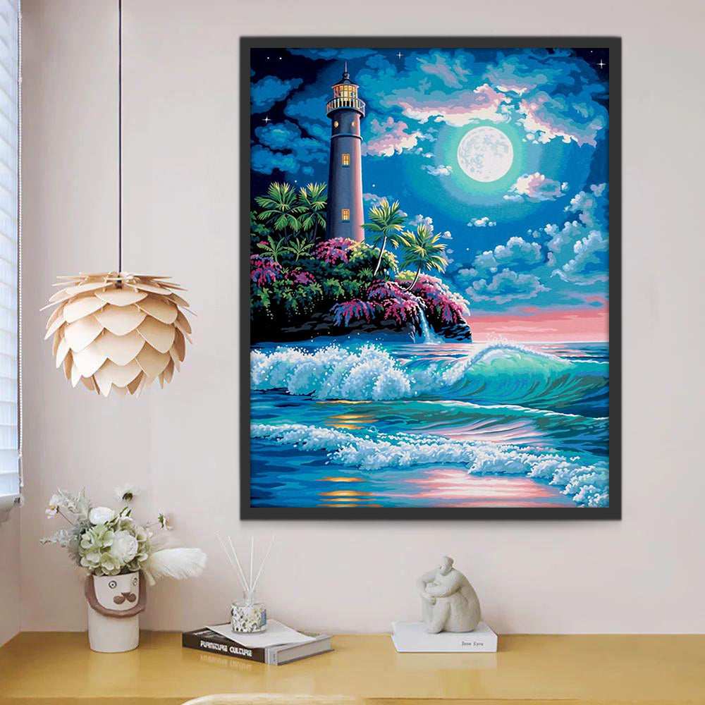 Faro y Olas Marinas a la Luz de la Luna Pintar por Números
