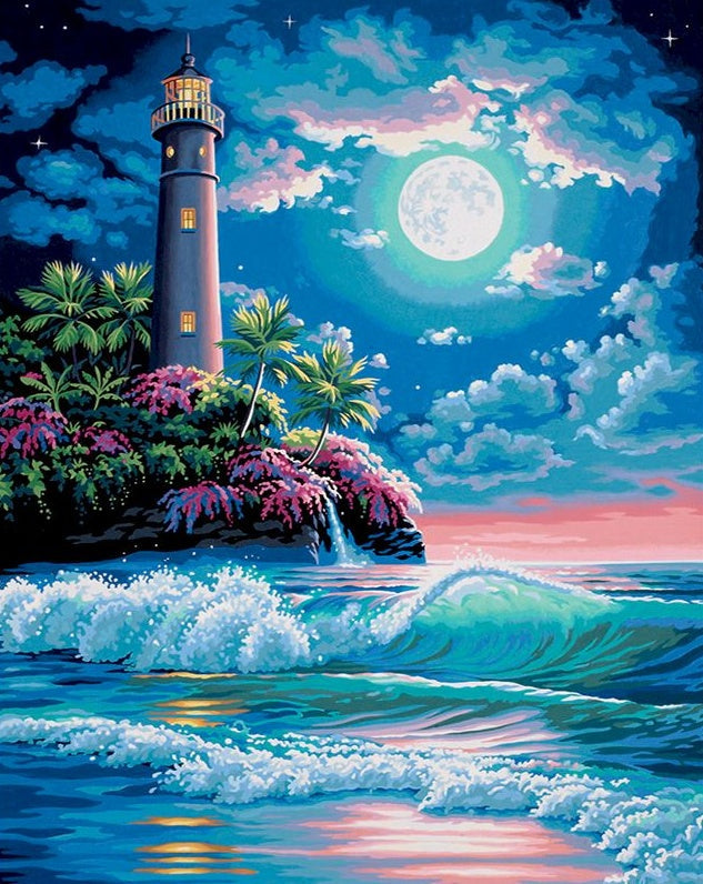 Faro y Olas Marinas a la Luz de la Luna Pintar por Números