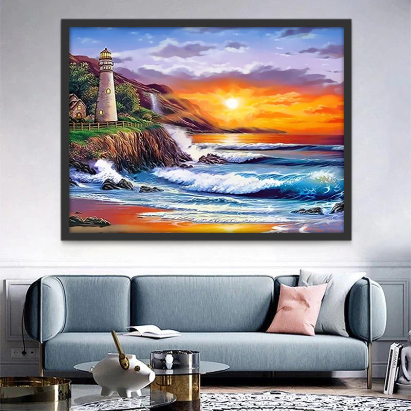 Faro y Olas Marinas y Puesta del Sol Pintar por Números