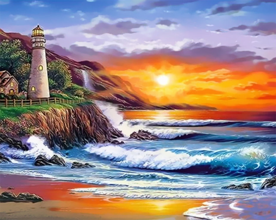 Faro y Olas Marinas y Puesta del Sol Pintar por Números
