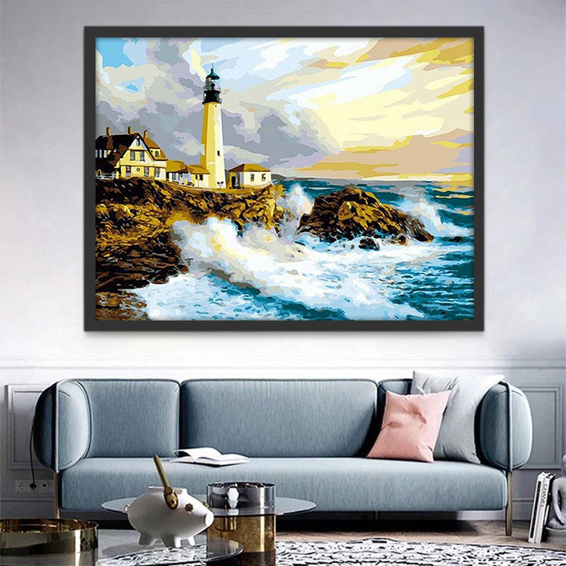 Faro y Tormentosas Olas Marinas Pintar por Números