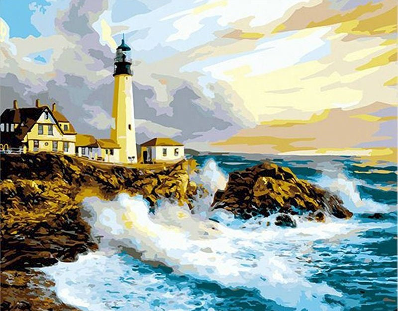 Faro y Tormentosas Olas Marinas Pintar por Números