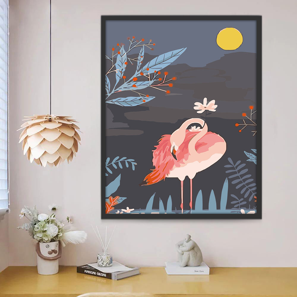 Flamenco Rosa y la Luna y Plantas Azules Pintar por Números