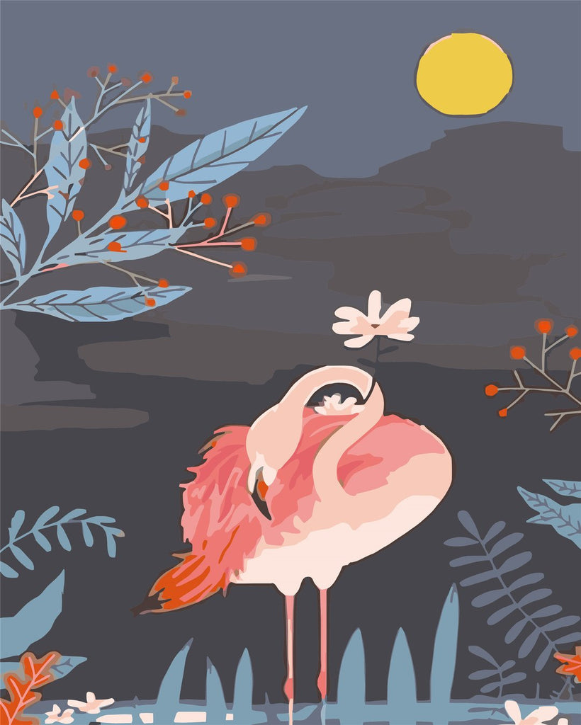 Flamenco Rosa y la Luna y Plantas Azules Pintar por Números