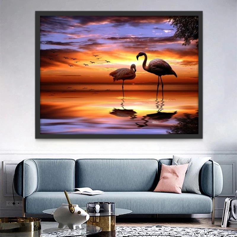 Flamencos en Agua y Puesta del Sol Pintar por Números