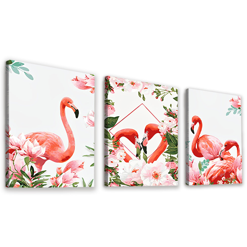 Flamencos Rojos Rodeados de Flores Rosas 3 Partes Pintar por Números
