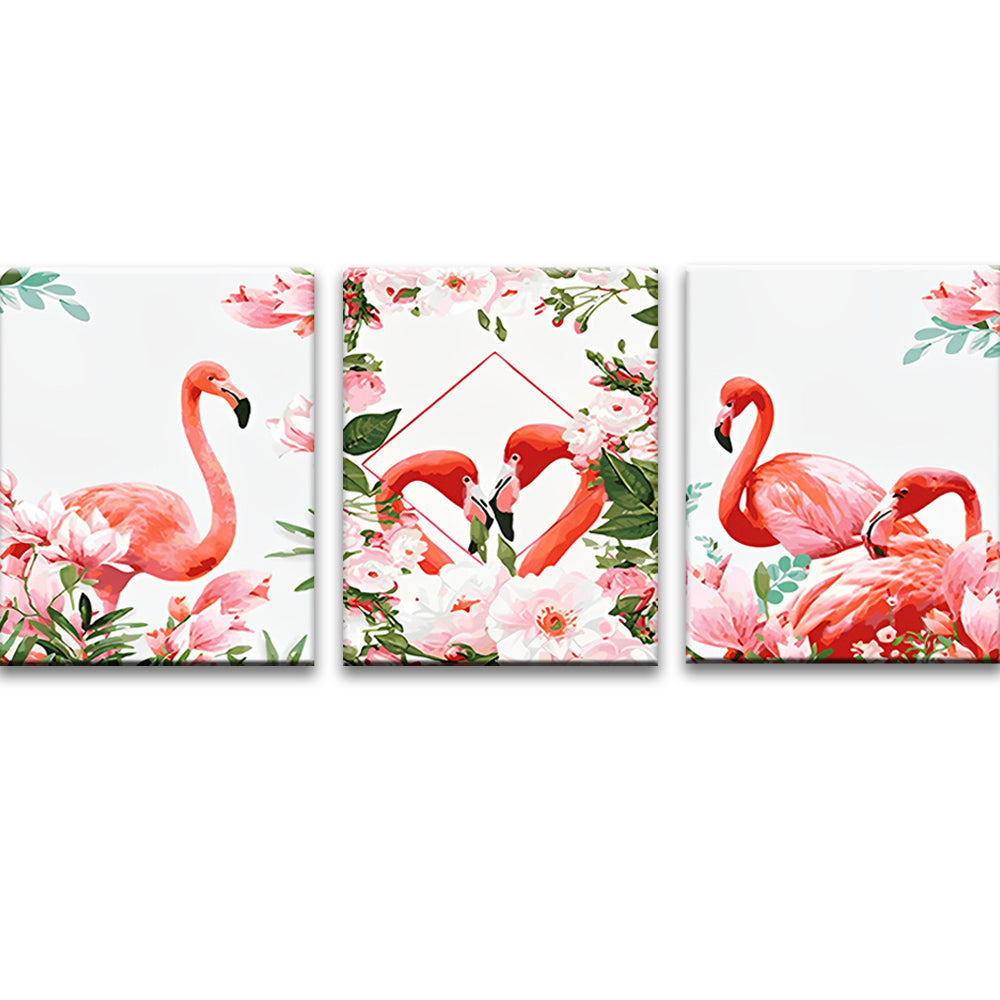 Flamencos Rojos Rodeados de Flores Rosas 3 Partes Pintar por Números