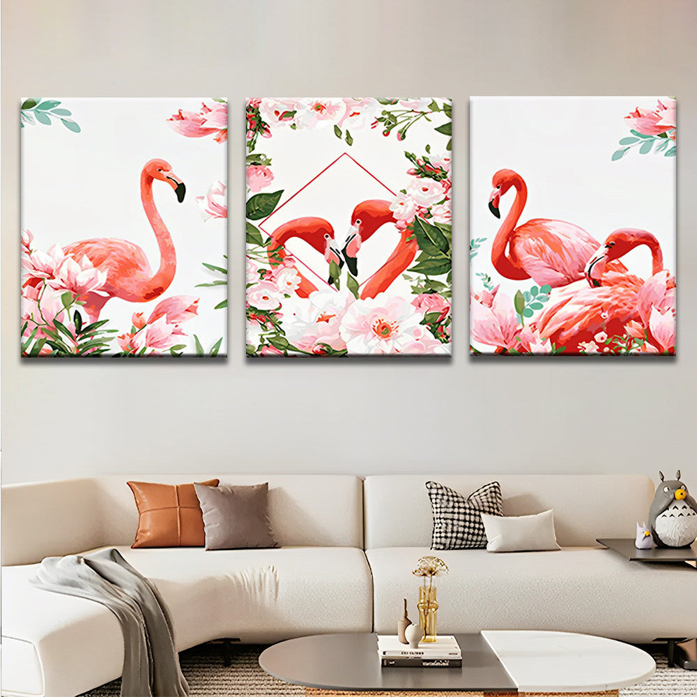 Flamencos Rojos Rodeados de Flores Rosas 3 Partes Pintar por Números
