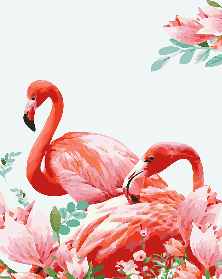 Flamencos Rojos y Flores Rosadas Pintar por Números
