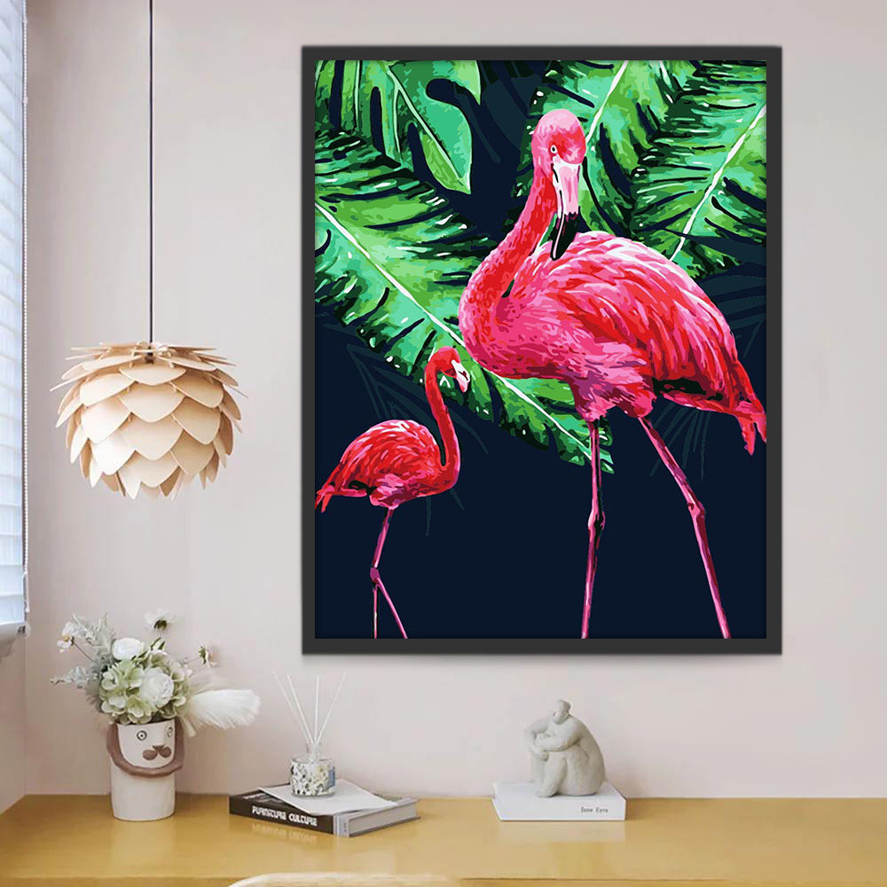 Flamencos Rojos y Hojas Tropicales Pintar por Números