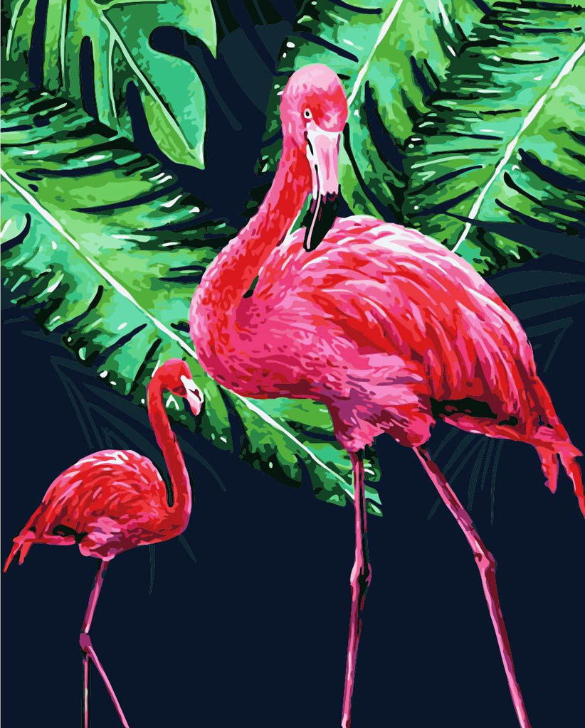 Flamencos Rojos y Hojas Tropicales Pintar por Números