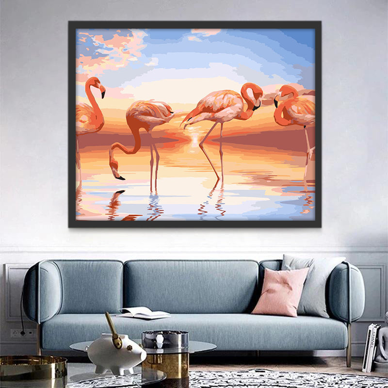 Flamencos Rosas y Puesta del Sol Pintar por Números