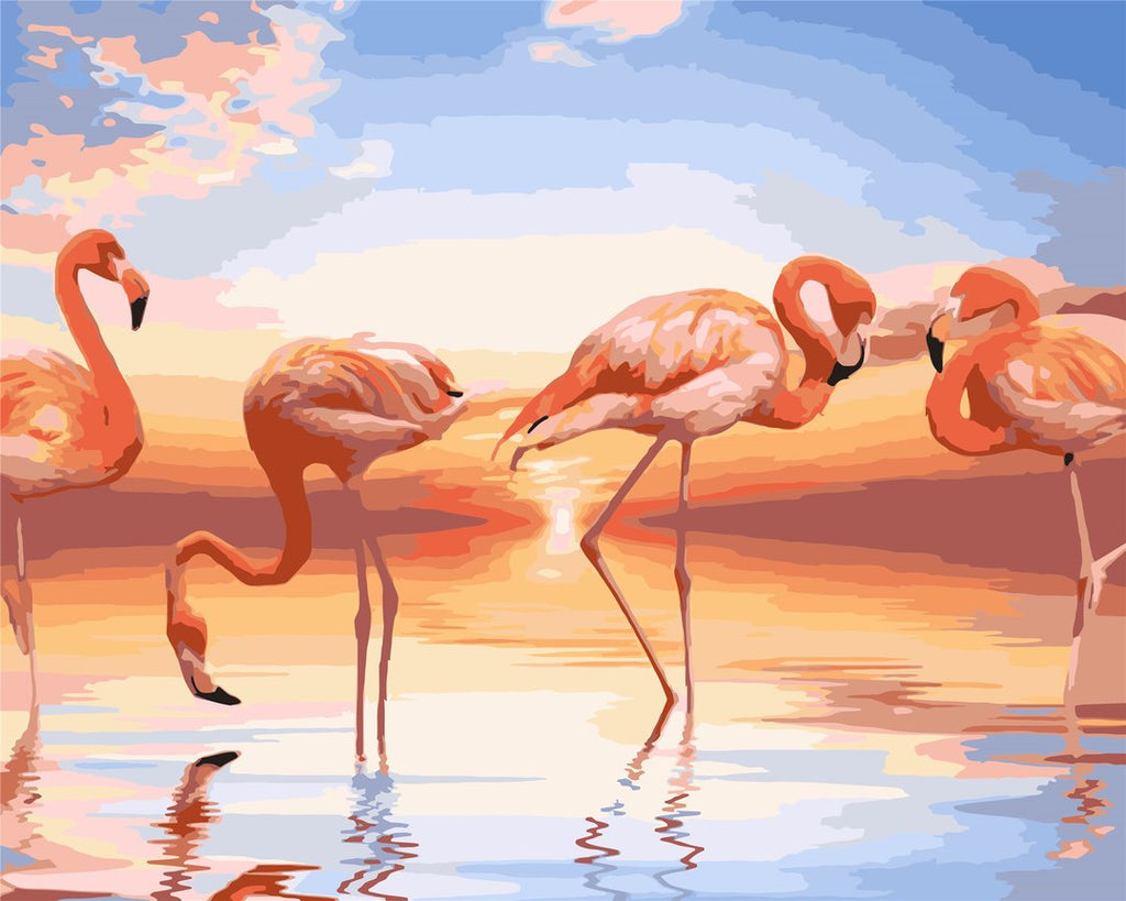 Flamencos Rosas y Puesta del Sol Pintar por Números