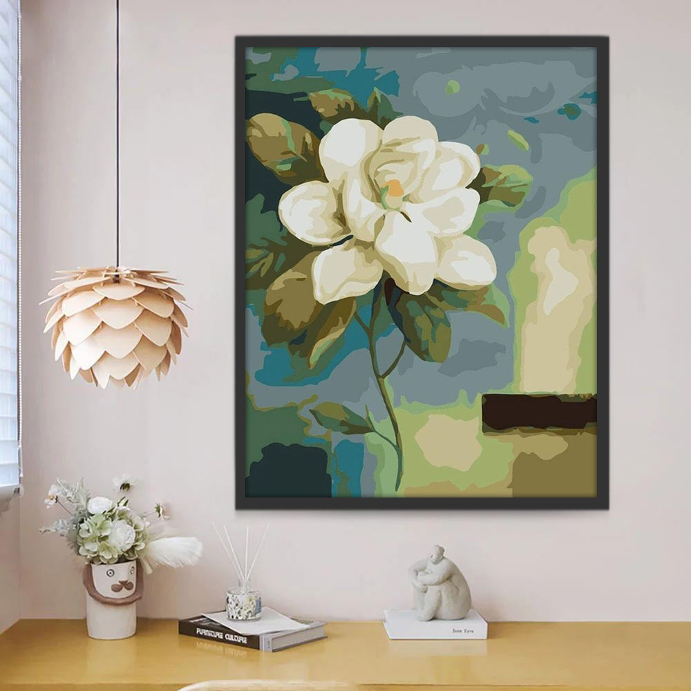 Flor Blanca Sola Pintada al Óleo con Hojas Verdes Pintar por Números