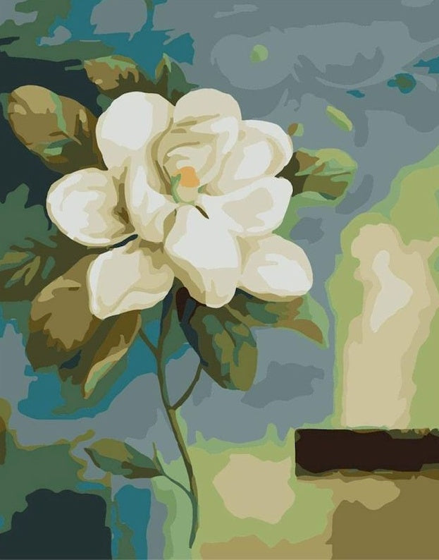 Flor Blanca Sola Pintada al Óleo con Hojas Verdes Pintar por Números