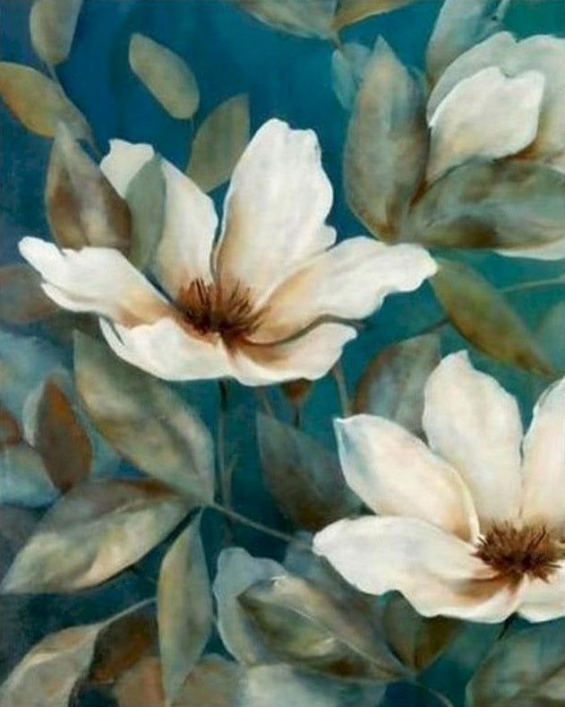 Flor Blanca y Hojas Verdes con Fondo Azul Pintar por Números