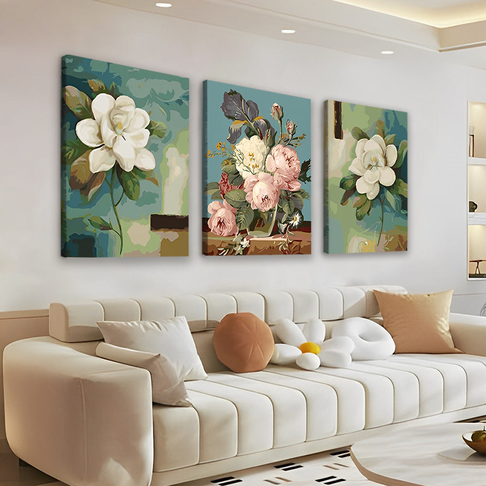 Flor Blanca y Ramo de Peonías 3 Partes Pintar por Números