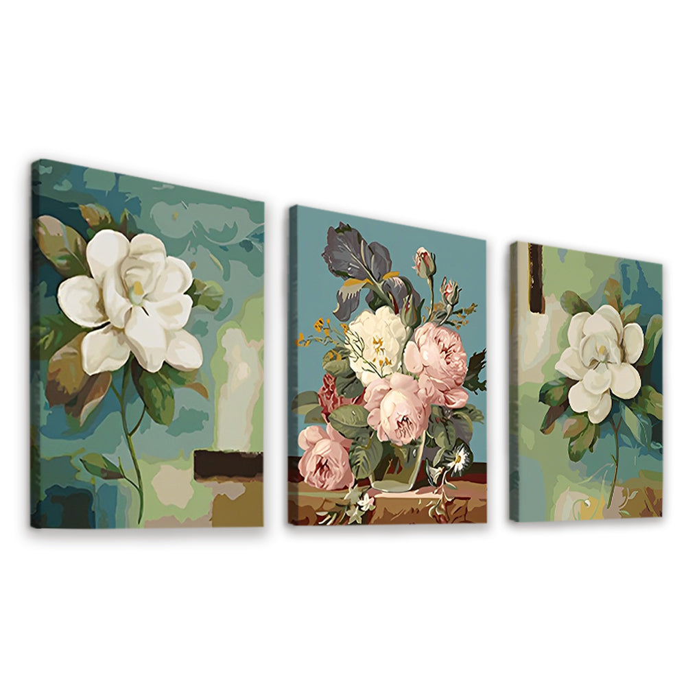 Flor Blanca y Ramo de Peonías 3 Partes Pintar por Números