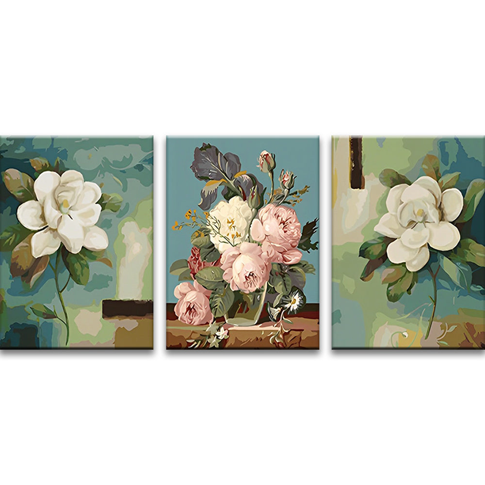 Flor Blanca y Ramo de Peonías 3 Partes Pintar por Números