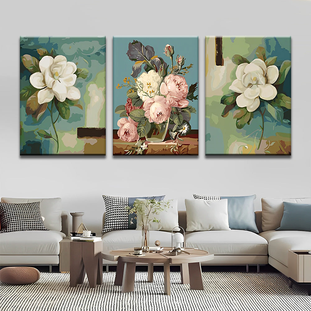 Flor Blanca y Ramo de Peonías 3 Partes Pintar por Números