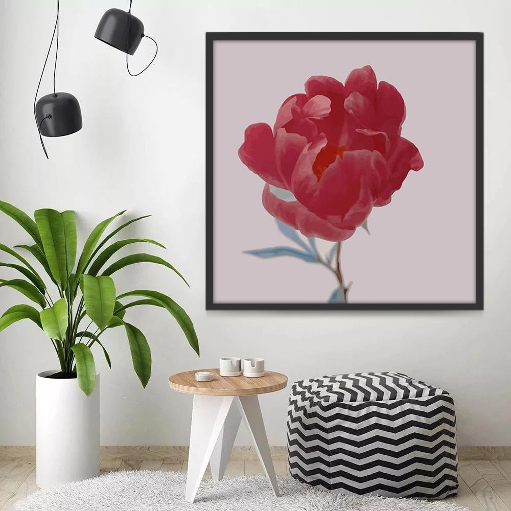 Flor con Pétalos Rojos y Hojas Azules en el Fondo Blanco Pintar por Números
