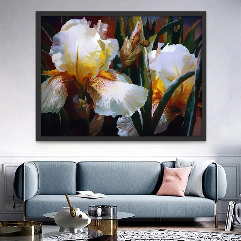 Flor de Iris Blanco con Fondo de Hojas Verdes Pintar por Números