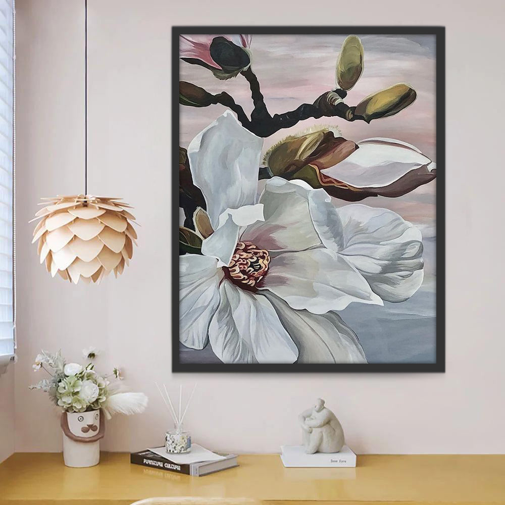 Flor de Magnolia Blanca Floreciente y Su Brote Verde Pintar por Números