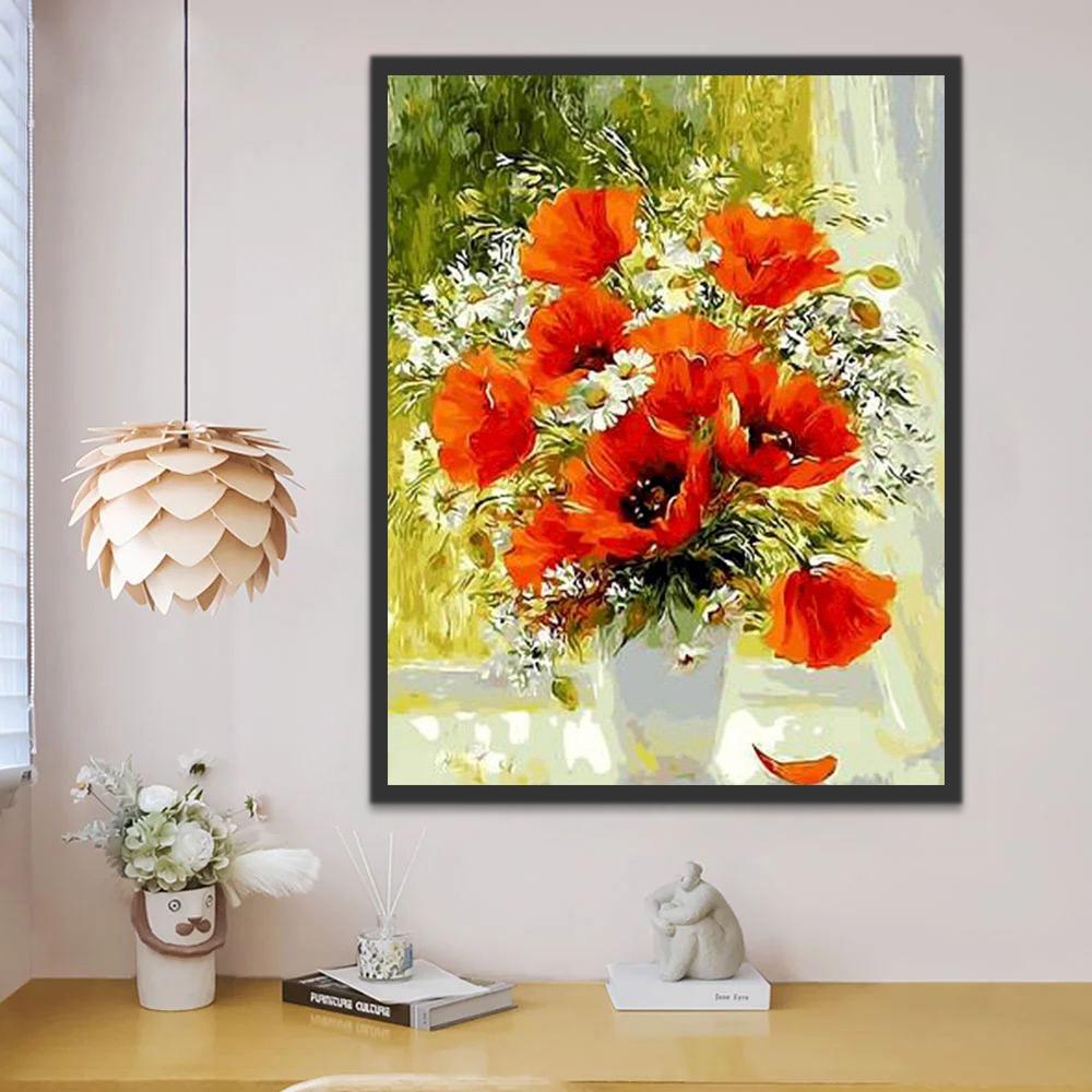 Florero con Amapolas Rojas y Camomilas sobre Alféizar Pintar por Números