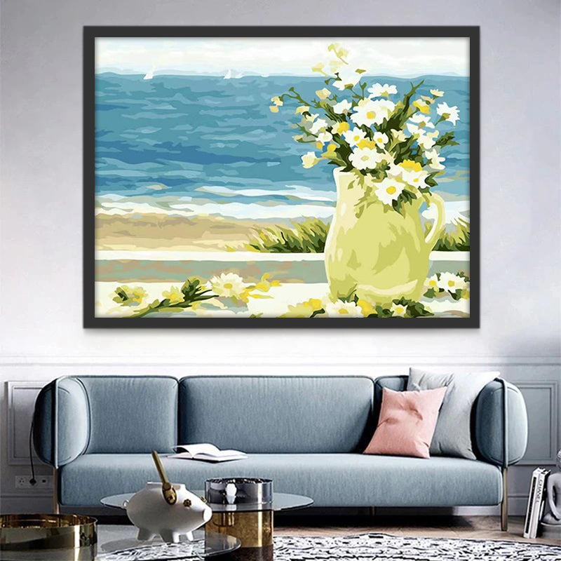 Florero con Camomilas Junto al Mar Pintar por Números