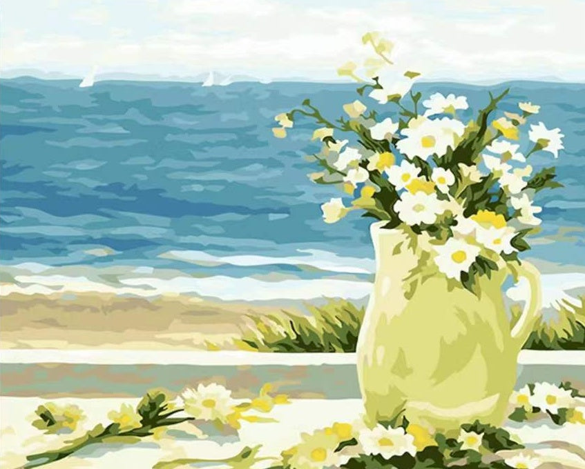 Florero con Camomilas Junto al Mar Pintar por Números