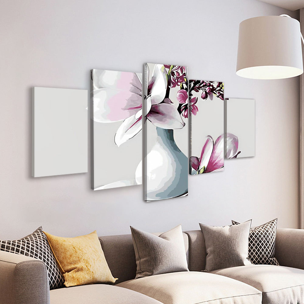 Florero con Magnolia Rosada y Flores de Melocotón 5 Partes Pintar por Números