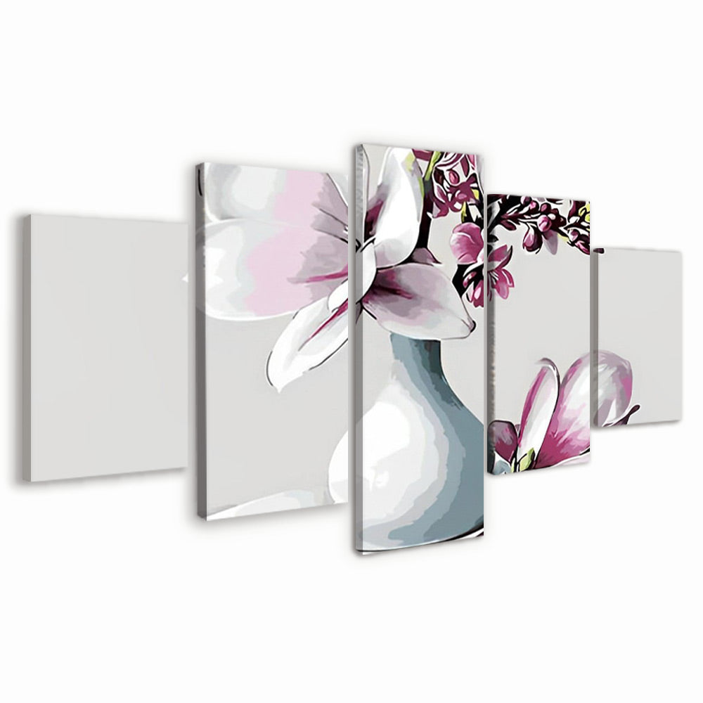 Florero con Magnolia Rosada y Flores de Melocotón 5 Partes Pintar por Números
