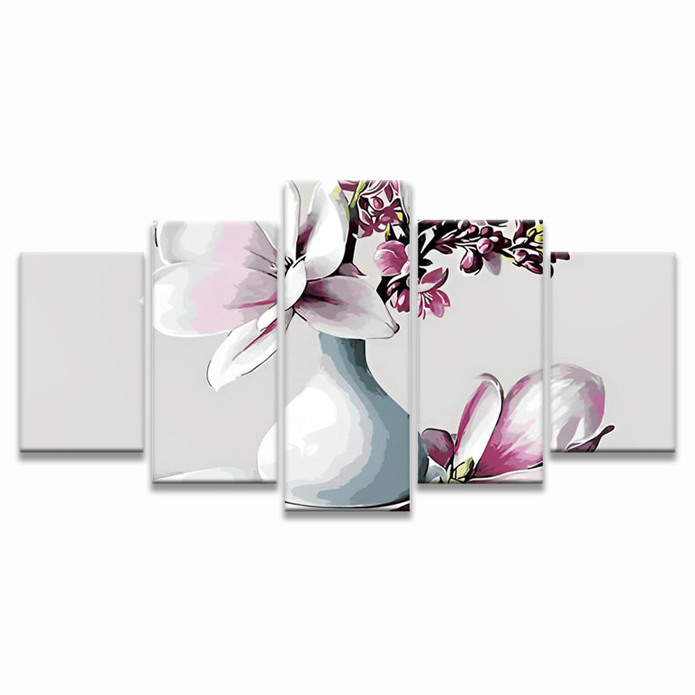 Florero con Magnolia Rosada y Flores de Melocotón 5 Partes Pintar por Números