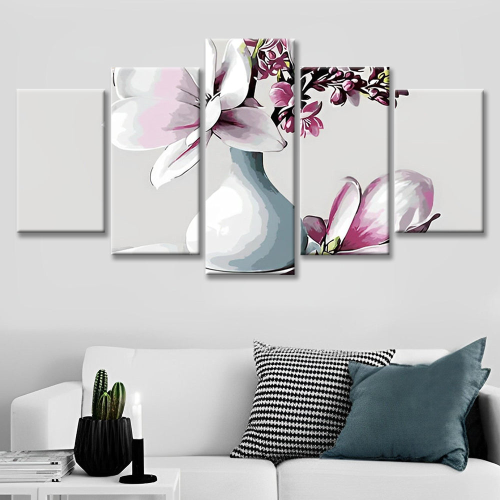 Florero con Magnolia Rosada y Flores de Melocotón 5 Partes Pintar por Números