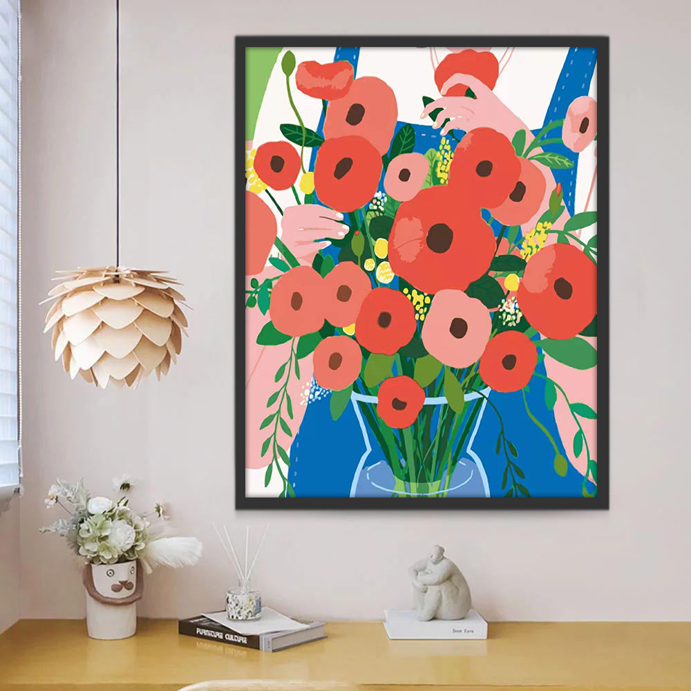 Florero de Flores Rojas y Ropa Azul de Chica Pintar por Números