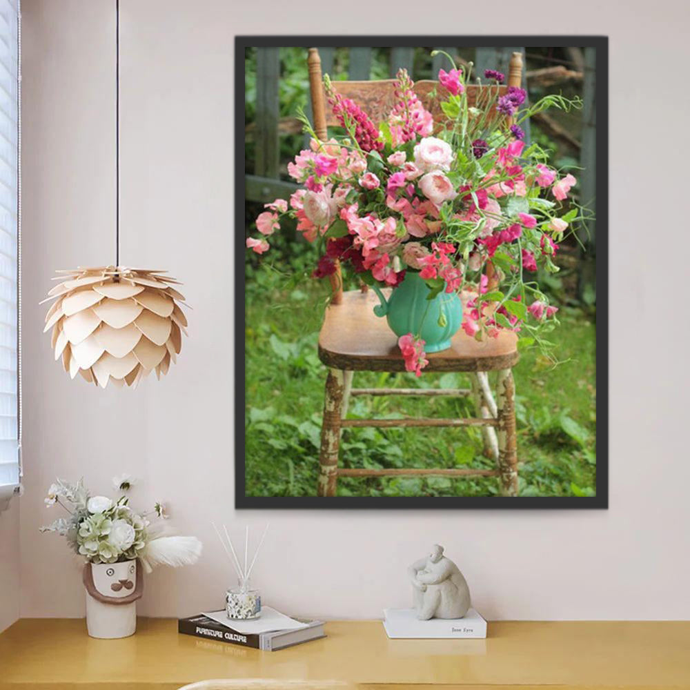 Florero de Flores y Silla sobre Césped Pintar por Números