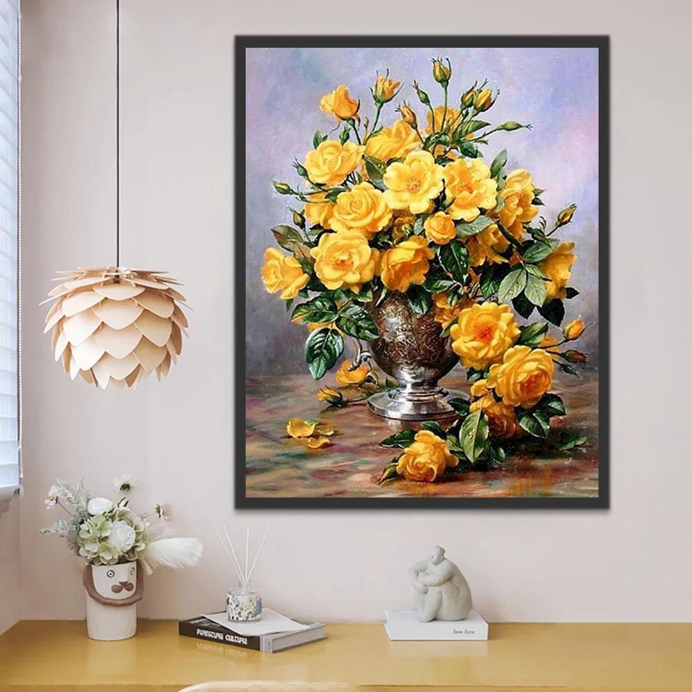 Florero de Plata con Rosas Amarillas Pintar por Números