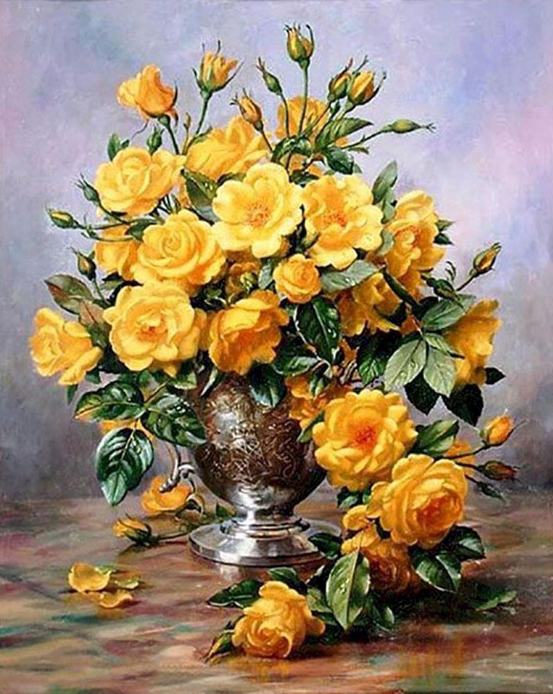 Florero de Plata con Rosas Amarillas Pintar por Números