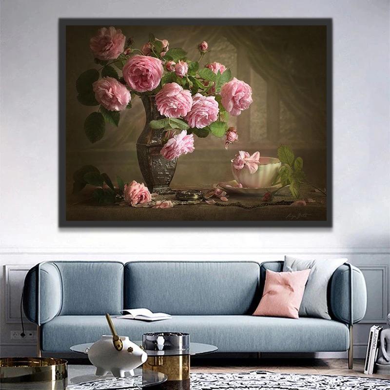 Florero Negro de Peonías Rosadas y Taza Blanca de Café Pintar por Números