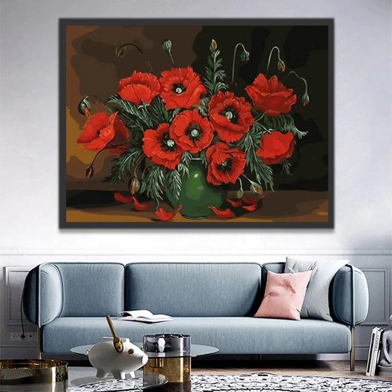 Florero Verde con Amapolas Rojas en el Fondo Oscuro Pintar por Números