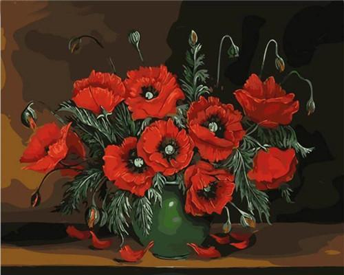 Florero Verde con Amapolas Rojas en el Fondo Oscuro Pintar por Números