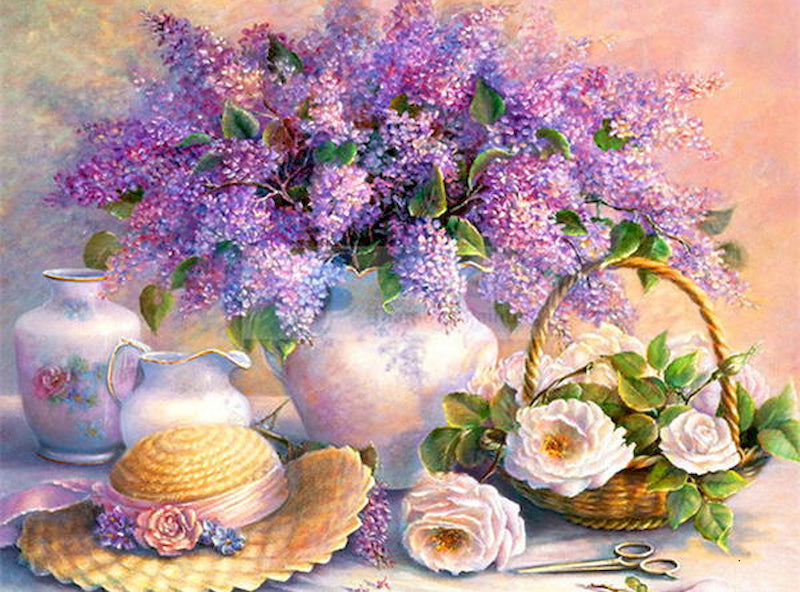 Florero y Flores Moradas y un Sombrero Pintar por Números