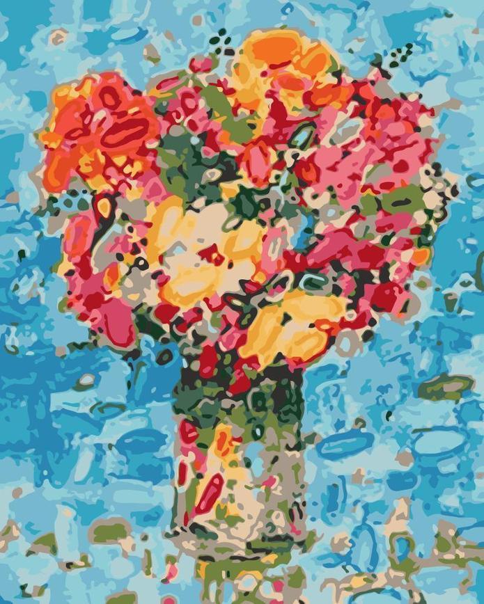 Flores Abstractas Coloridas en Florero con Fondo Azul Pintar por Números
