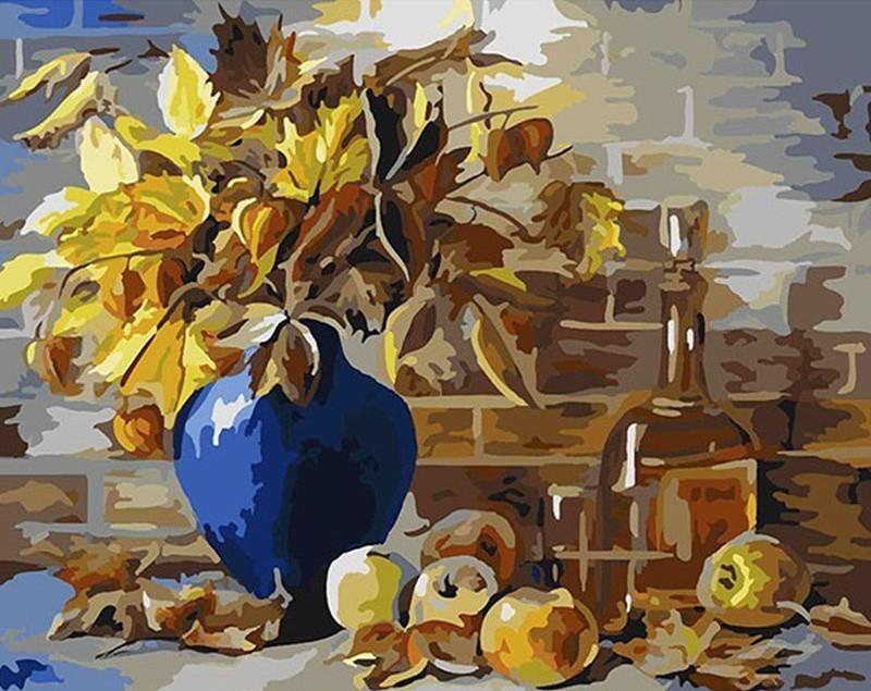 Flores Amarillas en Florero Azul y Manzanas Pintar por Números