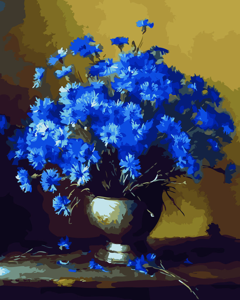 Flores Azules en Jarrón Negro con Fondo Amarillo Pintar por Números